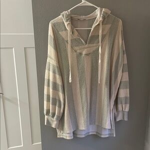 Striped Hooded Pullover Sweater - pale pink and grey or light sage.